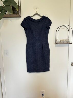Boden Navy Blue Tweed Sheath Dress Cotton Wool Blend Short Sleeve Knee Length 6